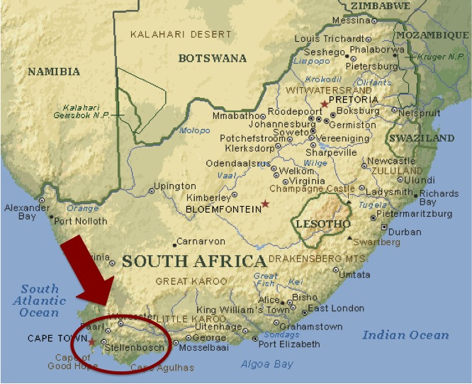 Carte de l'Afrique du Sud se situe le vignoble d’Anwilka Vineyards
