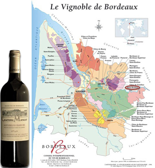 carte des vignobles de Bordeaux et bouteille de Bordeaux Mangot